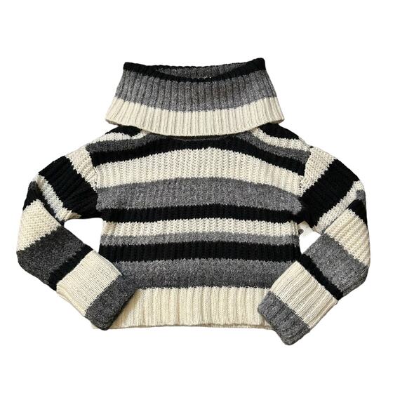 Anthropologie black, gray & cream striped knit turtleneck cropped sweater XS NWT - Picture 13 of 13